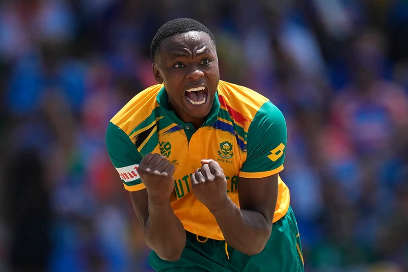 Kagiso Rabada celebrates the dismissal of Indias Suryakumar Yadav